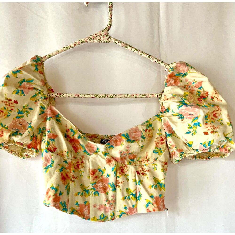 Zara Puff Sleeve Bustier Cropped Floral Corset Top Sz S NWOT Cottage, Boho
